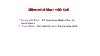 Differential Block with SAB
 Sympathetic Block- 2-6 dermatomes higher than the
sensory block
 Motor Block- 2 dermatomes lower than sensory block
 