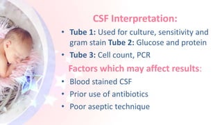 CSF Interpretation:
• Tube 1: Used for culture, sensitivity and
gram stain Tube 2: Glucose and protein
• Tube 3: Cell count, PCR
Factors which may affect results:
• Blood stained CSF
• Prior use of antibiotics
• Poor aseptic technique
 