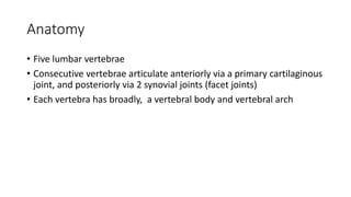 Anatomy
• Five lumbar vertebrae
• Consecutive vertebrae articulate anteriorly via a primary cartilaginous
joint, and posteriorly via 2 synovial joints (facet joints)
• Each vertebra has broadly, a vertebral body and vertebral arch
 
