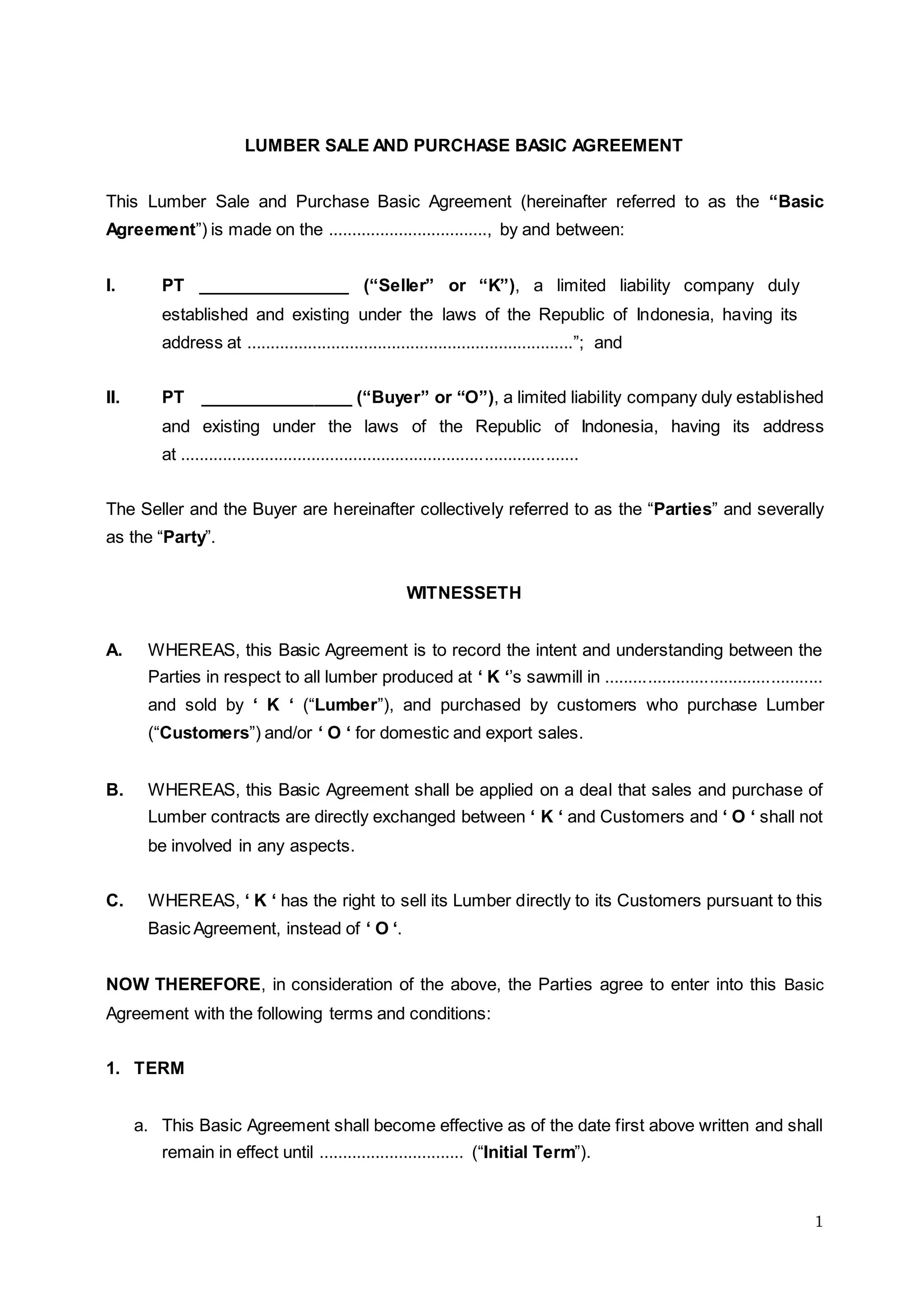 Logging Contracts Lumber Sales and Purchase Basic Agreement (Purchase this doc, Text ...