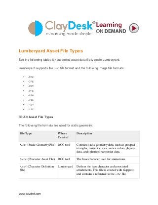 www.claydesk.com
Lumberyard Asset File Types
See the following tables for supported asset data file types in Lumberyard.
Lumberyard supports the .xml file format and the following image file formats:
• .bmp
• .jpg
• .pgm
• .png
• .raw
• .r16
• .tga
• .tif
3D Art Asset File Types
The following file formats are used for static geometry:
File Type Where
Created
Description
*.cgf (Static Geometry File) DCC tool Contains static geometry data, such as grouped
triangles, tangent spaces, vertex colors, physics
data, and spherical harmonics data.
*.chr (Character Asset File) DCC tool The base character used for animations.
*.cdf (Character Definition
File)
Lumberyard Defines the base character and associated
attachments. This file is created with Geppetto
and contains a reference to the .chr file.
 