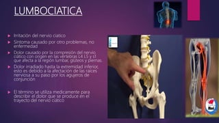 LUMBOCIATICA
 Irritación del nervio ciatico
 Síntoma causado por otro problemas, no
enfermedad
 Dolor causado por la compresión del nervio
ciático con origen en las vértebras L4 L5 y s1
que afecta a la región lumbar, glúteos y piernas.
 Dolor irradiado hasta la extremidad inferior,
esto es debido a la afectación de las raíces
nerviosa a su paso por los agujeros de
conjunción
 El término se utiliza medicamente para
describir el dolor que se produce en el
trayecto del nervio ciático
 