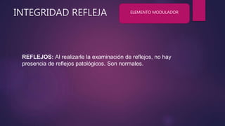 INTEGRIDAD REFLEJA
REFLEJOS: Al realizarle la examinación de reflejos, no hay
presencia de reflejos patológicos. Son normales.
ELEMENTO MODULADOR
 