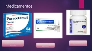 Medicamentos
1 tableta diaria por 20 días
manejo del dolor leve o
moderado por afecciones
articulares
2 veces al día
Antiinflamatorio analgésico
antipirético
de 1 a 3 veces al día
relajante muscular
 