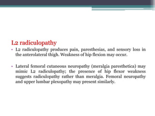 L2 radiculopathy
• L2 radiculopathy produces pain, paresthesias, and sensory loss in
the anterolateral thigh. Weakness of hip flexion may occur.
• Lateral femoral cutaneous neuropathy (meralgia paresthetica) may
mimic L2 radiculopathy; the presence of hip flexor weakness
suggests radiculopathy rather than meralgia. Femoral neuropathy
and upper lumbar plexopathy may present similarly.
 