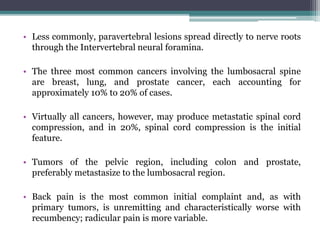 • Less commonly, paravertebral lesions spread directly to nerve roots
through the Intervertebral neural foramina.
• The three most common cancers involving the lumbosacral spine
are breast, lung, and prostate cancer, each accounting for
approximately 10% to 20% of cases.
• Virtually all cancers, however, may produce metastatic spinal cord
compression, and in 20%, spinal cord compression is the initial
feature.
• Tumors of the pelvic region, including colon and prostate,
preferably metastasize to the lumbosacral region.
• Back pain is the most common initial complaint and, as with
primary tumors, is unremitting and characteristically worse with
recumbency; radicular pain is more variable.
 