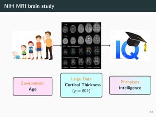 NIH MRI brain study
Environment
Age
Large Data
Cortical Thickness
(p ≈ 80k)
Phenotype
Intelligence
10
 