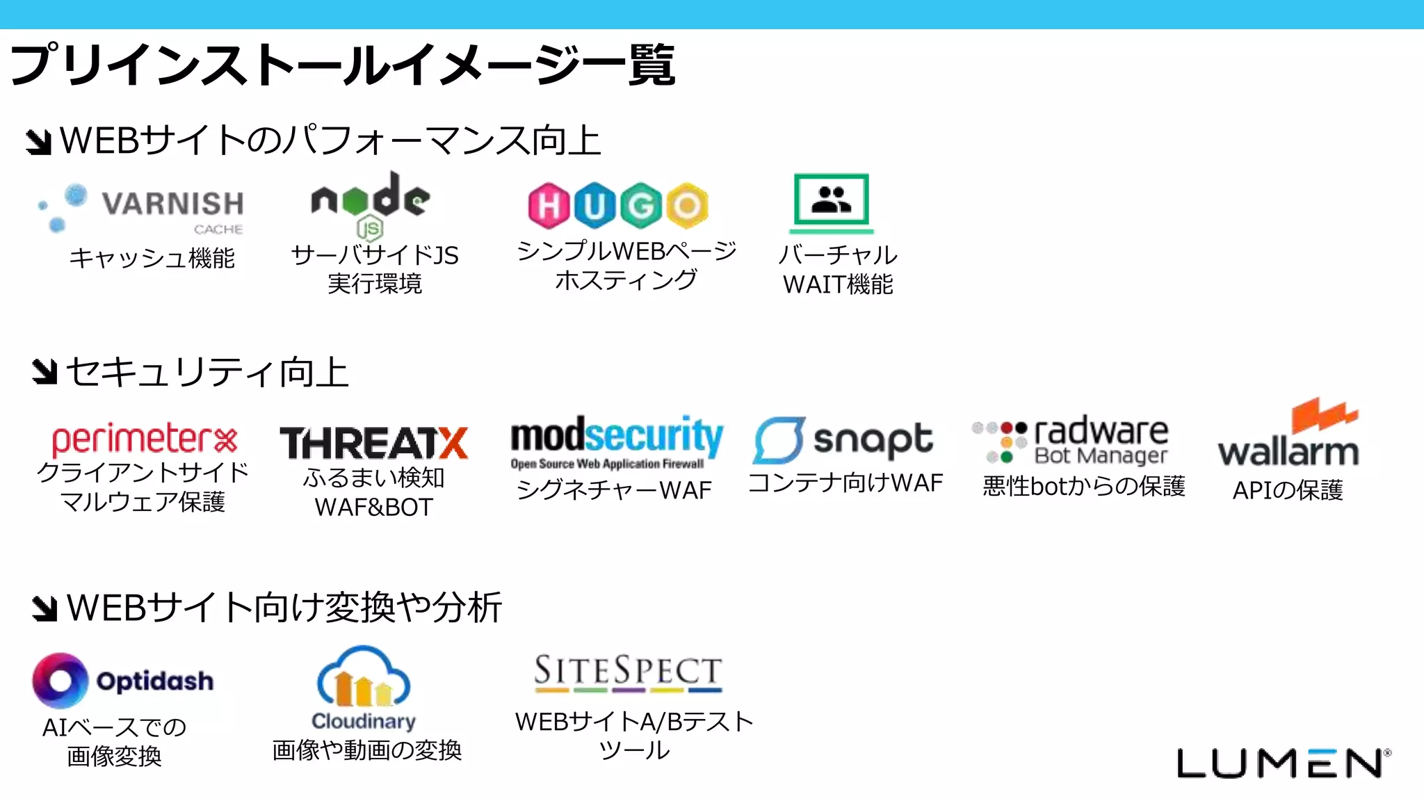 シンプルWEBページ
ホスティング
バーチャル
WAIT機能
サーバサイドJS
実行環境
キャッシュ機能
ふるまい検知
WAF&BOT
シグネチャーWAF
クライアントサイド
マルウェア保護
悪性botからの保護
コンテナ向けWAF APIの保護
AIベースでの
画像変換 画像や動画の変換
WEBサイトA/Bテスト
ツール
プリインストールイメージ一覧
WEBサイトのパフォーマンス向上
セキュリティ向上
WEBサイト向け変換や分析
 