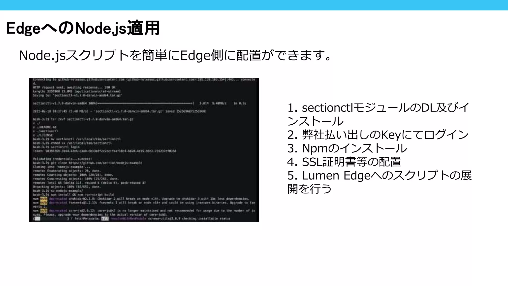 EdgeへのNode.js適用
1. sectionctlモジュールのDL及びイ
ンストール
2. 弊社払い出しのKeyにてログイン
3. Npmのインストール
4. SSL証明書等の配置
5. Lumen Edgeへのスクリプトの展
開を行う
Node.jsスクリプトを簡単にEdge側に配置ができます。
 