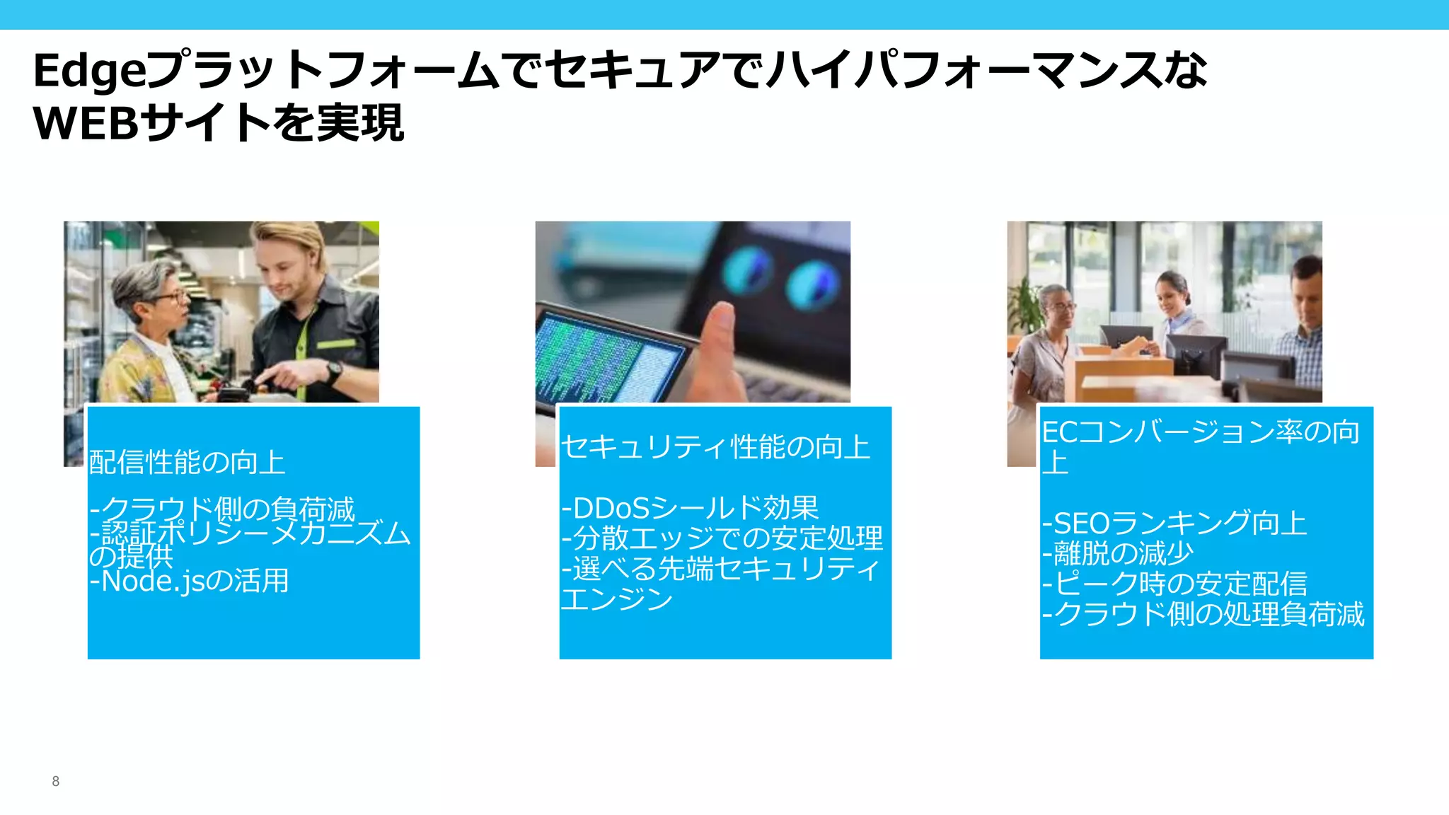 8
Edgeプラットフォームでセキュアでハイパフォーマンスな
WEBサイトを実現
配信性能の向上
-クラウド側の負荷減
-認証ポリシーメカニズム
の提供
-Node.jsの活用
セキュリティ性能の向上
-DDoSシールド効果
-分散エッジでの安定処理
-選べる先端セキュリティ
エンジン
ECコンバージョン率の向
上
-SEOランキング向上
-離脱の減少
-ピーク時の安定配信
-クラウド側の処理負荷減
 
