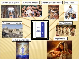 Misterio de la Iglesia EL Pueblo de Dios Constitución Jerárquica Los Laicos
Índole Escatológica
Los ReligiososSantidad de la Iglesia
Virgen María
 