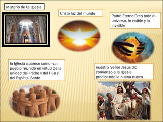 Misterio de la Iglesia
Cristo luz del mundo
Padre Eterno Creo todo el
universo, lo visible y lo
invisible
la Iglesia aparece como «un
pueblo reunido en virtud de la
unidad del Padre y del Hijo y
del Espíritu Santo
nuestro Señor Jesús dio
comienzo a la Iglesia
predicando la buena nueva
 