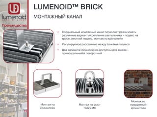 11
 Специальный монтажный канал позволяет реализовать
различные варианты крепления светильника - подвес на
тросе, жесткий подвес, монтаж на кронштейн
 Регулируемое расстояние между точками подвеса
 Два варианта кронштейнов доступны для заказа –
прямоугольный и поворотный
МОНТАЖНЫЙ КАНАЛ
Преимущества
LUMENOID™ BRICK
Монтаж на
кронштейн
Монтаж на рым-
гайку М8
Монтаж на
поворотный
кронштейн
 