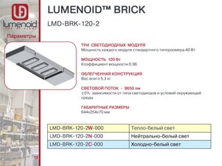 13
LMD-BRK-120-2
LUMENOID™ BRICK
Параметры
ТРИ СВЕТОДИОДНЫХ МОДУЛЯ
Мощность каждого модуля стандартного типоразмера 40 Вт
МОЩНОСТЬ 120 Вт
Коэффициент мощности 0,96
ОБЛЕГЧЕННАЯ КОНСТРУКЦИЯ
Вес всего 5,3 кг
СВЕТОВОЙ ПОТОК - 9650 лм
±5% зависимости от типа светодиодов и условий окружающей
среды
ГАБАРИТНЫЕ РАЗМЕРЫ
644х254х70 мм
LMD-BRK-120-2W-000 Тепло-белый свет
LMD-BRK-120-2N-000 Нейтрально-белый свет
LMD-BRK-120-2C-000 Холодно-белый свет
 
