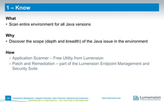 1 – Know
What
• Scan entire environment for all Java versions
Why
• Discover the scope (depth and breadth) of the Java issue in the environment
How
» Application Scanner – Free Utility from Lumension
» Patch and Remediation – part of the Lumension Endpoint Management and
Security Suite
20
PROPRIETARY & CONFIDENTIAL - NOT FOR PUBLIC DISTRIBUTION
 