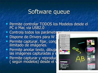Software queue Permite controlar TODOS los Modelos desde el PC o Mac via USB2.0 Controla todos los parámetros de cámaras Dispone de Drivers para W XP, W Vista Permite capturar, fijar, congelar,  borrar un nº ilimitado de imágenes. Permite anotar texto, dibujar, resaltar etc sobre las imágenes capturadas y en vivo Permite capturar y reproducir audio y video ( según modelos) desde el visualizador. 