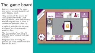 Learners move round the board
and answer scenario questions at
each stopping point.
They always get the chance to
view guidance from the Chief
Privacy Officer – this is essentially
the learning required in order to
answer the questions correctly.
A badge is added to the place on
the board when learners get a
question right.
The ‘Introduction’ and ‘How To
Play The Game’ areas are always
available.
Progress is also shown by the
percentage score presented in the
bottom left area.
The game board
10
 