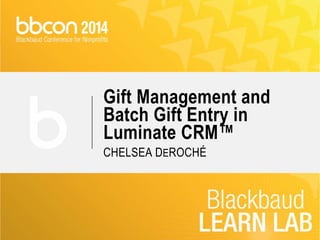 Gift Management and 
Batch Gift Entry in 
Luminate CRM™ 
CHELSEA DEROCHÉ 
 