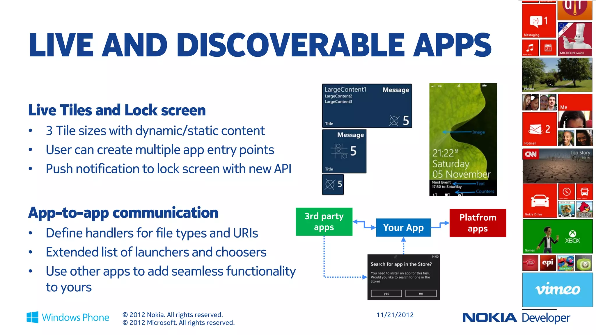 LIVE AND DISCOVERABLE APPS
Live Tiles and Lock screen
• 3 Tile sizes with dynamic/static content
• User can create multiple app entry points
• Push notification to lock screen with new API


App-to-app communication                                 3rd party                Platfrom
                                                           apps       Your App      apps
• Define handlers for file types and URIs
• Extended list of launchers and choosers
• Use other apps to add seamless functionality
  to yours
                © 2012 Nokia. All rights reserved.                   11/21/2012
                © 2012 Microsoft. All rights reserved.
 