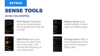 15
GIVING YOU CONTROL
Wi-Fi Sense intelligently
connects to good quality
free hotspots when they are
in range.
Data Sense warns you
when you’re close to the
end of your plan, and
reduces the frequency of
non-critical tasks.
Storage Sense offers a
clear breakdown of how
your phone’s storage is
being used.
Battery Sense gives
added visibility of which
apps use battery power.
SENSE TOOLS
 