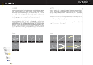truly
by LED
Our Brands
14 15
LUMIDECO LUMIFLEX
LUMIFLEX products excel in the ability to integrate into diﬀerent architectural envi-
ronments. Flexible in the application from Indoor Cove lighting to Outdoor applica-
tions with LUMFLEX NEON our products are designed to last, that is, to keep their
original features intact over time.
Many years of experience and a comprehensive knowledge of materials we take into
account ease-of assembly, durability and product maintenance – all of which are
essential for a product’s economic eﬃciency.
LUMIFLEX is a commercial grade waterproof and none highly ﬂexible LED system
using the latest powerful, low energy LED’s.
LUMIDECO consists innovative brand new functional decoratives, designer lighting
family, architectural lightings, oﬃce lighting products, hospitality lighting segments.
We choose the collections with utmost care and attention with our last 10 years of
experience in lighting segment. we work with renowned industrial designers, consult-
ants to get the design and technical ideas then went thru further consultation with
Lighting design consultants to make it sure our lighting products are not just another
decorative lighting but it can give quality lighting to illuminate the spaces.
This range can be used not only secondary lighting solutions as normally decorative
lights traditionally used, but can used as the primary lightings to illuminate large
oﬃce spaces, home, commercial areas, hotels, malls and hospitals. Instead of stand-
ard widely used same look and feel lighting products, we give our clients a good
opportunity to convert their space to ultra modern to make something entirely diﬀer-
ent. We are sure this luminaires will make your place stand out from the clutter and
give you a diﬀerent class. we believe this range will illuminate your ideas and enhance
to be more creative while choosing lighting for your next project
RANGES
CEILING
SESPENDED FLOOR WALL TABLE
RGB RIBBON
SINGLE COLOR STRIP
RGB NEON
SINGLE COLOR RIBBON
TUNABLE CCT
SINGLE COLOR NEON
CHASING
RGB STRIP
RANGES
121
121
121
121
121
121
121
121
121
121
121
121
121
121
121
121
121
121
01 |02
 