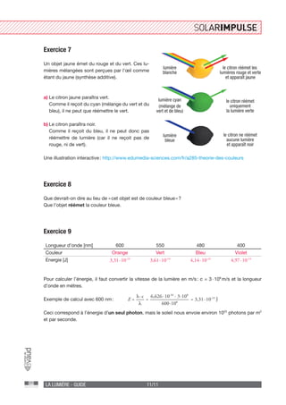 LA LUMIÈRE - GUIDE 11/11
Exercice 8
Que devrait-on dire au lieu de « cet objet est de couleur bleue » ?
Que l’objet réémet la couleur bleue.
Exercice 7
Un objet jaune émet du rouge et du vert. Ces lu-
mières mélangées sont perçues par l’œil comme
étant du jaune (synthèse additive).
a)	Le citron jaune paraîtra vert.
Comme il reçoit du cyan (mélange du vert et du
bleu), il ne peut que réémettre le vert.
b)	Le citron paraîtra noir.
Comme il reçoit du bleu, il ne peut donc pas
réémettre de lumière (car il ne reçoit pas de
rouge, ni de vert).
Exercice 9
Longueur d’onde [nm] 600 550 480 400
Couleur Orange Vert Bleu Violet
Energie [J] 3,31 · 10-19
3,61 · 10-19
4,14 · 10-19
4,97 · 10-19
E = = 3,31 ∙ 10-19
J=
h ∙ c 6,626 ∙ 10-34
∙ 3 ∙108
λ 600 ∙108
Ceci correspond à l’énergie d’un seul photon, mais le soleil nous envoie environ 1022
photons par m2
et par seconde.
Pour calculer l’énergie, il faut convertir la vitesse de la lumière en m/s : c = 3 · 108
 m/s et la longueur
d’onde en mètres.
Exemple de calcul avec 600 nm :
lumière
blanche
le citron réémet les
lumières rouge et verte
et apparaît jaune
lumière cyan
(mélange de
vert et de bleu)
le citron réémet
uniquement
la lumière verte
lumière
bleue
le citron ne réémet
aucune lumière
et apparaît noir
Une illustration interactive : http://www.edumedia-sciences.com/fr/a285-theorie-des-couleurs
 