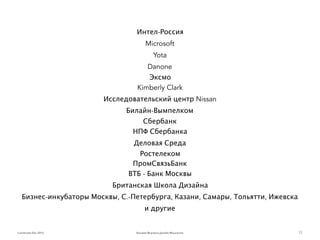 Базовая Формула Дизайн-МышленияLumiknows Edu 2016
Интел-Россия
Microsoft
Yota
Danone
Эксмо
Kimberly Clark
Исследовательски...