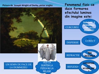 Pictura de Joseph Wright of Derby, pictor englez   Fenomenul fizic ce
                                                   duce formarea
                                                   efectului luminos
                                                   din imagine este:
                                                                DAR CARE E
                                                                FENOMENUL
                                                   CURCUBEU      FIZIC CE IL
                                                                 PRODUCE?



                                                                  CORECT
                                                    DISPERSIE



                                                                    MAI
                                                   REFRACTIE     INCEARCA

                                       VEZI CA                   AI RASPUNS
   UN SEMN DE PACE DE                SUNTEM LA
                                                    REFLEXIA          LA
      LA DUMNEZEU                   FIZICA NU LA                INTAMPLARE
                                       RELIGIE                         ?
 