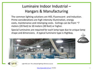 Luminaire Indoor Industrial –
           Hangars & Manufacturing
The common lighting solutions are HID, Fluorescent and Induction.
Prime considerations are high intensity illumination, energy
costs, maintenance and relamping costs. Ceilings can be from ~7
meters (20 feet) to 10 meters (30 feet) or higher.
Special luminaires are required for each lamp type due to unique lamp
shape and dimensions. A typical luminaire type is Highbay.




         Light-Ref.com The unbiased lighting reference source

                                  http://www.light-ref.com © 2012       10
 