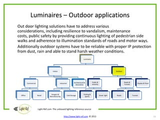 Luminaires – Outdoor applications
Out door lighting solutions have to address various
considerations, including resilience to vandalism, maintenance
costs, public safety by providing continuous lighting of pedestrian side
walks and adherence to illumination standards of roads and motor ways.
Additionally outdoor systems have to be reliable with proper IP protection
from dust, rain and able to stand harsh weather conditions.
                                                                              Luminaire




                                      Indoor                                                                        Outdoor




                                                                 Architectural &          Public &                            Roads &
           Commercial                          Industrial                                                                                     Display & Flood
                                                                   Decorative             Amenity                             Tunnels




                                    Hangers &                                 Parking &
  Office                Retail                          Cold Storage                                 Street light   Roads               Tunnels
                                   Manufacturing                               Sports




                        Light-Ref.com The unbiased lighting reference source

                                                    http://www.light-ref.com © 2012                                                                             13
 