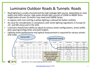 Luminaire Outdoor Roads & Tunnels: Roads
•   Road lighting is usually characterized by high wattage light source, depending on road
    width and traffic volume. High poles dictate light sources of 250W to 400W. Extra
    height poles of over 10 meters may need even 600W lamps.
•   In regions with mist and fog a yellow lighting is advised for better visibility.
•   An issue for consideration is compliance with street lighting regulations in Europe (S-
    ,CE- and ME-class) and in the USA.
•   Luminaire should have ability to adjust to various street configurations, street width,
    pole spacing/configuration and pole heights.
•   Lighting street performance and optical measurement is required for various streets
    and roads.
                  Road class ME5
                                                                 Road Pavement class: R3




                                                          ME5 class: intended for
                                                           drivers of motorized
                                                         vehicles on traffic routes
                                                            of medium to high
                                                              driving speeds
                   Light-Ref.com The unbiased lighting reference source

                                            http://www.light-ref.com © 2012                   16
 
