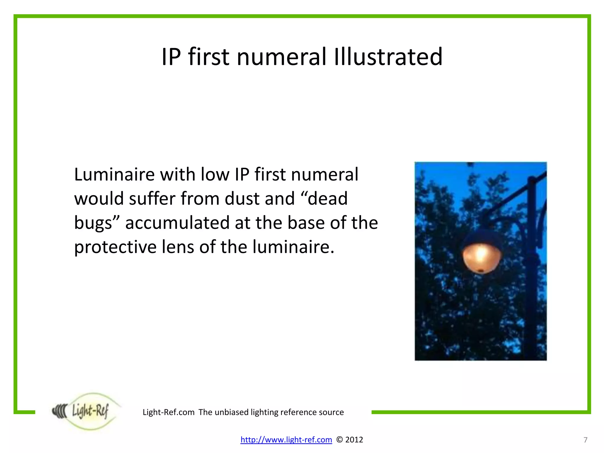 IP first numeral Illustrated



Luminaire with low IP first numeral
would suffer from dust and “dead
bugs” accumulated at the base of the
protective lens of the luminaire.




        Light-Ref.com The unbiased lighting reference source

                                 http://www.light-ref.com © 2012   7
 