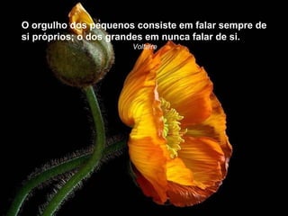 O orgulho dos pequenos consiste em falar sempre de
si próprios; o dos grandes em nunca falar de si.
                      Voltaire
 