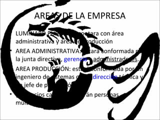 AREAS DE LA EMPRESA
• LUMINARD PUBLICITY, contara con área
administrativa y área de producción
• AREA ADMINISTRATIVA: estará conformada por
la junta directiva, gerencia y administradores.
• AREA PRODUCCIÓN: estará conformada por un
ingeniero de sistemas como dirección técnica y
un jefe de producción.
• (Los socios capitalistas serán personas
multifuncionales.)
 