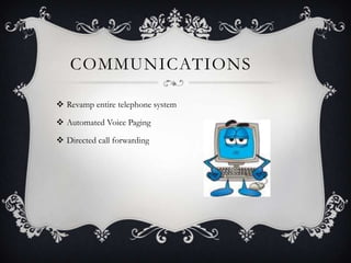 COMMUNICATIONS

 Revamp entire telephone system

 Automated Voice Paging

 Directed call forwarding
 