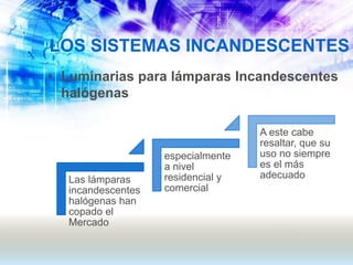 LOS SISTEMAS INCANDESCENTES
• Luminarias para lámparas Incandescentes
halógenas
Las lámparas
incandescentes
halógenas han
copado el
Mercado
especialmente
a nivel
residencial y
comercial
A este cabe
resaltar, que su
uso no siempre
es el más
adecuado
 