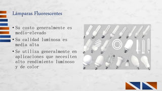 Lámparas Fluorescentes
• Su costo generalmente es
medio-elevado
• Su calidad luminosa es
media alta
• Se utiliza generalmente en
aplicaciones que necesiten
alto rendimiento luminoso
y de color