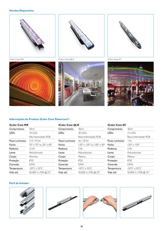 Versões Disponíveis:




iColor Cove MX                            iColor Cove QLX                               iColor Cove EC




Informações do Produto iColor Cove Powercore®:

iColor Cove MX                            iColor Cove QLX                               iColor Cove EC
Comprimento:	    30cm                     Comprimento:	     30cm                        Comprimento:	    30cm
LEDs:	           18 LEDs                  LEDs:	            30 LEDs                     LEDs:	           15 LEDs
	                Alta Intensidade RGB     	                 Baixa Intensidade RGB       	                Baixa Intensidade RGB
Fluxo Luminoso:	 119 / 93 lm              Fluxo Luminoso:	 46 / 39 lm                   Fluxo Luminoso:	 7 lm
Facho:	          70º x 70º ou 20º x 60º   Facho:	           120º x 120º ou 100º x 40º   Facho:	          120º x 120º
Potência:	       12 W                     Potência:	        3W                          Potência:	       2W
Lente:	          Policarbonato            Lente:	           Policarbonato               Lente:	          Policarbonato
Corpo:	          Alumínio                 Corpo:	           Plástico                    Corpo:	          Plástico
Proteção:	       IP20                     Proteção:	        IP20                        Proteção:	       IP20
Controle:	       DMX                      Controle:	        DMX                         Controle:	       DMX
Temperatura:	    -20°C a 50°C             Temperatura:	     -20°C a 50°C                Temperatura:	    -20°C a 50°C
Vida útil:	      50.000 h L70% @ 25º      Vida útil:	       50.000 h L70% @ 25º         Vida útil:	      50.000 h L70% @ 25º



Fácil de Instalar:




                                                              38
 