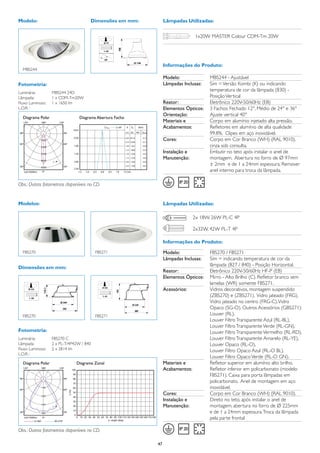 Modelo:                               Dimensões em mm:          Lâmpadas Utilizadas:


                                                                              1x20W MASTER Colour CDM-Tm 20W




                                                                Informações do Produto:
  MBS244
                                                                Modelo:	              MBS244 - Ajustável
Fotometria:                                                     Lâmpadas Inclusas:	   Sim = Versão Kombi (K) ou indicando
Luminária:	        MBS244 24D
                                                                	                     temperatura de cor da lâmpada (830) -
Lâmpada:	          1 x CDM-Tm20W                                	                     Posição Vertical
Fluxo Luminoso:	   1 x 1650 lm                                  Reator:	              Eletrônico 220V-50/60Hz (EB)
L.O.R. :	                                                       Elementos Ópticos:	   3 Fachos: Fechado 12°, Médio de 24° e 36°
                                                                Orientação:	          Ajuste vertical 40°
  Diagrama Polar                 Diagrama Abertura Facho
                                                                Materiais e	          Corpo em alumínio injetado alta pressão.
                                                                Acabamentos:	         Refletores em alumínio de alta qualidade
                                                                	                     99.8%. Clipes em aço inoxidável.
                                                                Cores:	               Corpo em Cor Branco (WH) (RAL 9010),
                                                                	                     cinza sob consulta.
                                                                Instalação e	         Embutir no teto após instalar o anel de
                                                                Manutenção:	          montagem. Abertura no forro de Ø 97mm
                                                                	                     ± 2mm e de 1 a 24mm espessura. Remover
                                                                	                     anel interno para troca da lâmpada.

Obs.: Outras fotometrias disponíveis no CD.


Modelos:                                                        Lâmpadas Utilizadas:

                                                                             2x 18W, 26W PL-C 4P

                                                                             2x32W, 42W PL-T 4P

                                                                Informações do Produto:
  FBS270                                  FBS271                Modelo:	              FBS270 / FBS271
                                                                Lâmpadas Inclusas:	   Sim = indicando temperatura de cor da
                                                                	                     lâmpada (827 / 840) - Posição Horizontal.
Dimensões em mm:
                                                                Reator:	              Eletrônico 220V-50/60Hz HF-P (EB)
                                                                Elementos Ópticos:	   Mirro - Alto Brilho (C). Refletor branco sem
                                                                	                     lamelas (WR) somente FBS271.
                                                                Acessórios:	          Vidros decorativos, montagem suspendido
                                                                	                     (ZBS270) e (ZBS271). Vidro jateado (FRG).
                                                                	                     Vidro jateado no centro (FRG-C). Vidro
                                                                	                     Opaco (SG-O). Outros Acessórios (GBS271):
  FBS270                                  FBS271                	                     Louver (RL),
                                                                	                     Louver Filtro Transparente Azul (RL-BL),
                                                                	                     Louver Filtro Transparente Verde (RL-GN),
Fotometria:                                                     	                     Louver Filtro Transparente Vermelho (RL-RD),
Luminária:	        FBS270 C                                     	                     Louver Filtro Transparente Amarelo (RL-YE),
Lâmpada:	          2 x PL-T/4P42W / 840                         	                     Louver Opaco (RL-O),
Fluxo Luminoso:	   2 x 2814 lm                                  	                     Louver Filtro Opaco Azul (RL-O BL),
L.O.R. :	
                                                                	                     Louver Filtro Opaco Verde (RL-O GN).
  Diagrama Polar               Diagrama Zonal                   Materiais e	          Refletor superior em alumínio alto brilho.
                                                                Acabamentos:	         Refletor inferior em policarbonato (modelo
                                                                	                     FBS271). Caixa para porta lâmpadas em
                                                                	                     policarbonato. Anel de montagem em aço
                                                                	                     inoxidável.
                                                                Cores:	               Corpo em Cor Branco (WH) (RAL 9010).
                                                                Instalação e	         Direto no teto, após instalar o anel de
                                                                Manutenção:	          montagem. abertura no forro de Ø 225mm
                                                                	                     e de 1 a 24mm espessura. Troca da lâmpada
                                                                	                     pela parte frontal

Obs.: Outras fotometrias disponíveis no CD.

                                                           47
 