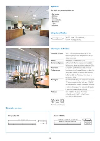 Aplicação:

                            São ideais para serem utilizadas em:

                            - Escritórios;
                            - Edifícios;
                            - Escolas;
                            - Universidades;
                            - Bibliotecas;
                            - Lojas;
                            - Hospitais.



                            Lâmpadas Utilizadas:

                                                         2x16W, 32W TLD (retangular);
                                                         4x16W TLD (quadrada).




                            Informações do Produto:

                            Lâmpadas Inclusas:	           Sim = indicando temperatura de cor da
                            	                             lâmpada (840), outras temperaturas de cor
                            	                             sob encomenda
                            Reator:	                      Eletrônico 220V-60/50HZ: (EB)
                            Elementos Ópticos:	 Refletores brilhantes e aletas brancas (C1);
                            	                             Refletores e aletas parabólico brilhante (C5).
                            Materiais e	                  Corpo em aço fosfatizado de 0.5mm de
                            Acabamentos:	                 espessura na cor branca. Ópticas em alumínio
                            	                             alta pureza. Aletas parabólicas em alumínio
                            	                             brilhante (C5) ou Aletas alumínio plano na
                            	                             cor branca (C1).
                            Montagem:	                    De embutir TBS050: para forro modular perfil
                            	                             “T”, gesso ou pacote. De Sobrepor TCS050*:
                            	                             em lajes e forros. Sistema basculante puxando
                            	                             o sistema óptico para ter acesso às lâmpadas
                            	                             e reatores através da parte frontal.
                            Módulos:	                     Para módulos de gesso: (4x16W):
                            	                             615x590mm; (2x16W): 615x285mm;
                            	                             (2x32W): 1230x2850mm.




                            *Somente para 2 lâmpadas

Dimensões em mm:



  Sobrepor (TCS 050)             Embutir (TBS 050)



                                           4x16W = 615 / 2x16W = 610 / 2x32W = 1220




                       78
 
