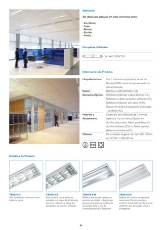 Aplicação:

                                                                           São ideais para aplicação em áreas comerciais como:

                                                                           - Escritórios;
                                                                           - Lojas;
                                                                           - Bancos;
                                                                           - Escolas;
                                                                           - Hotéis.



                                                                           Lâmpadas Utilizadas:


                                                                                                  2x16W / 32W TLD




                                                                           Informações do Produto:

                                                                           Lâmpadas Inclusas:	     Sim = indicando temperatura de cor da
                                                                           	                       lâmpada (840), outras temperaturas de cor
                                                                           	                       sob encomenda
                                                                           Reator:	                Eletrônico 220V-60/50HZ: (EB)
                                                                           Elementos Ópticos:	 Refletores brilhantes e aletas brancas (C1);
                                                                           	                       Refletores e aletas parabólico brilhante (C5);
                                                                           	                       Refletores brilhantes sem aletas (R-H);
                                                                           	                       Difusor em acrílico transparente texturizado
                                                                           	                       - luz difusa (AC).
                                                                           Materiais e	            Corpo: em aço fosfatizada de 0.5mm de
                                                                           Acabamentos:	           espessura na cor branca; Ópticas em
                                                                           	                       alumínio alta pureza; Aletas parabólicas em
                                                                           	                       alumínio brilhante (C5) ou Aletas alumínio
                                                                           	                       plano na cor branca (C1).
                                                                           Módulos:	               Para módulos de gesso: 2x16W: 615x165mm
                                                                           	                       ou 2x32W: 1230x165mm.




Detalhes do Produto:




TBS020 C1                        TBS020 C5                                 TBS020 R-H                           TBS020 AC
Alto rendimento luminoso e bom   Alto conforto visual dando ao             Refletor aberto (sem aletas) em      Refletor em acrílico transparente
conforto visual.                 ambiente um toque de sofisticação,        alumínio anodizado brilhante que     texturizado. Proporciona bom
                                 pois seus refletores e aletas são         proporciona altíssimo rendimento     conforto vistual, além de oferecer ao
                                 produzidos de alumínio brilhante.         para áreas onde o uso de             ambiente uma iluminação difusa e
                                                                           computadores não é frequente.        homegênea.




                                                                      82
 