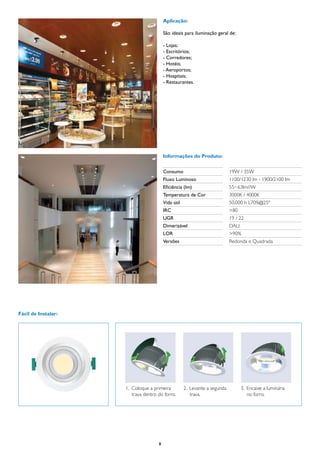 Aplicação:

                                         São ideais para iluminação geral de:

                                         - Lojas;
                                         - Escritórios;
                                         - Corredores;
                                         - Hotéis;
                                         - Aeroportos;
                                         - Hospitais;
                                         - Restaurantes.




                                         Informações do Produto:


                                         Consumo	                            19W / 35W
                                         Fluxo Luminoso	                     1100/1230 lm - 1900/2100 lm
                                         Eficiência (lm)	                    55~63lm//W
                                         Temperatura de Cor	                 3000K / 4000K
                                         Vida útil	                          50.000 h L70%@25º
                                         IRC	                                >80
                                         UGR	                                19 / 22
                                         Dimerizável	                        DALI
                                         LOR	                                >90%
                                         Versões	                            Redonda e Quadrada




Fácil de Instalar:




                     1. Coloque a primeira            2. Levante a segunda          3. Encaixe a luminária
                        trava dentro do forro.           trava.                        no forro.




                                     8
 