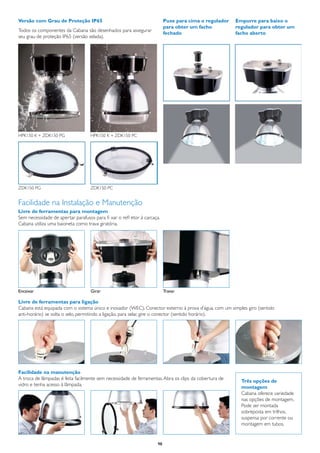 Versão com Grau de Proteção IP65                                          Puxe para cima o regulador   Empurre para baixo o
                                                                          para obter um facho          regulador para obter um
Todos os componentes da Cabana são desenhados para assegurar
                                                                          fechado                      facho aberto
seu grau de proteção IP65 (versão selada).




HPK150 K + ZDK150 PG                HPK150 K + ZDK150 PC




ZDK150 PG                           ZDK150 PC


Facilidade na Instalação e Manutenção
Livre de ferramentas para montagem
Sem necessidade de apertar parafusos para fi xar o refl etor à carcaça.
Cabana utiliza uma baioneta como trava giratória.




Encaixar                            Girar                                 Travar

Livre de ferramentas para ligação
Cabana está equipada com o sistema único e inovador (WEC). Conector externo à prova d’água, com um simples giro (sentido
anti-horário) se solta o selo, permitindo a ligação, para selar, gire o conector (sentido horário).




Facilidade na manutenção
A troca de lâmpadas é feita facilmente sem necessidade de ferramentas. Abra os clips da cobertura de
                                                                                                         Três opções de
vidro e tenha acesso à lâmpada.
                                                                                                         montagem
                                                                                                         Cabana oferece variedade
                                                                                                         nas opções de montagem.
                                                                                                         Pode ser montada
                                                                                                         sobreposta em trilhos,
                                                                                                         suspensa por corrente ou
                                                                                                         montagem em tubos.


                                                                     98
 