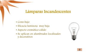 Lámparas Incandescentes
• Costo bajo
• Eficacia luminosa muy baja
• Aspecto cromático cálido
• Se aplican en alumbrados localizados
y decorativos
 