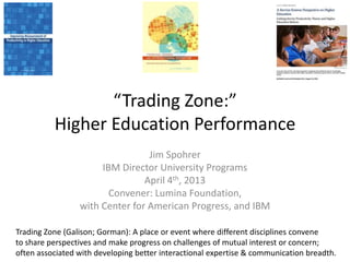 “Trading Zone:”
          Higher Education Performance
                                 Jim Spohrer
                      IBM Director University Programs
                                April 4th, 2013
                        Convener: Lumina Foundation,
                 with Center for American Progress, and IBM

Trading Zone (Galison; Gorman): A place or event where different disciplines convene
to share perspectives and make progress on challenges of mutual interest or concern;
often associated with developing better interactional expertise & communication breadth.
 