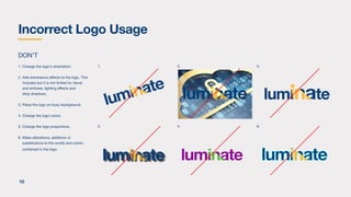 DON'T
1. Change the logo's orientation.
2. Add extraneous effects to the logo. This
includes but it is not limited to: bevel
and emboss, lighting effects and
drop shadows.
3. Place the logo on busy background.
4. Change the logo colors.
5. Change the logo proportions.
6. Make alterations, additions or
substitutions to the words and colors
contained in the logo.
1. 3. 5.
2. 4. 6.
Incorrect Logo Usage
10
 