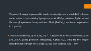 The required oxygen is produced in a redox reaction (i.e. one in which both reduction
and oxidation occur) involving hydrogen peroxide (H2O2), potassium hydroxide and
(for example) potassium hexacyanoferrate(III) (K3[Fe(CN)6], also known as potassium
ferricyanide)
The hexacyanoferrate(III) ion ([Fe(CN)6]3-) is reduced to the hexacyanoferrate(II) ion
([Fe(CN)6]4-, giving potassium ferrocyanide, K4[Fe(CN)6]), while the two oxygen
atoms from the hydrogen peroxide are oxidised from oxidation state -1 to 0
23
 