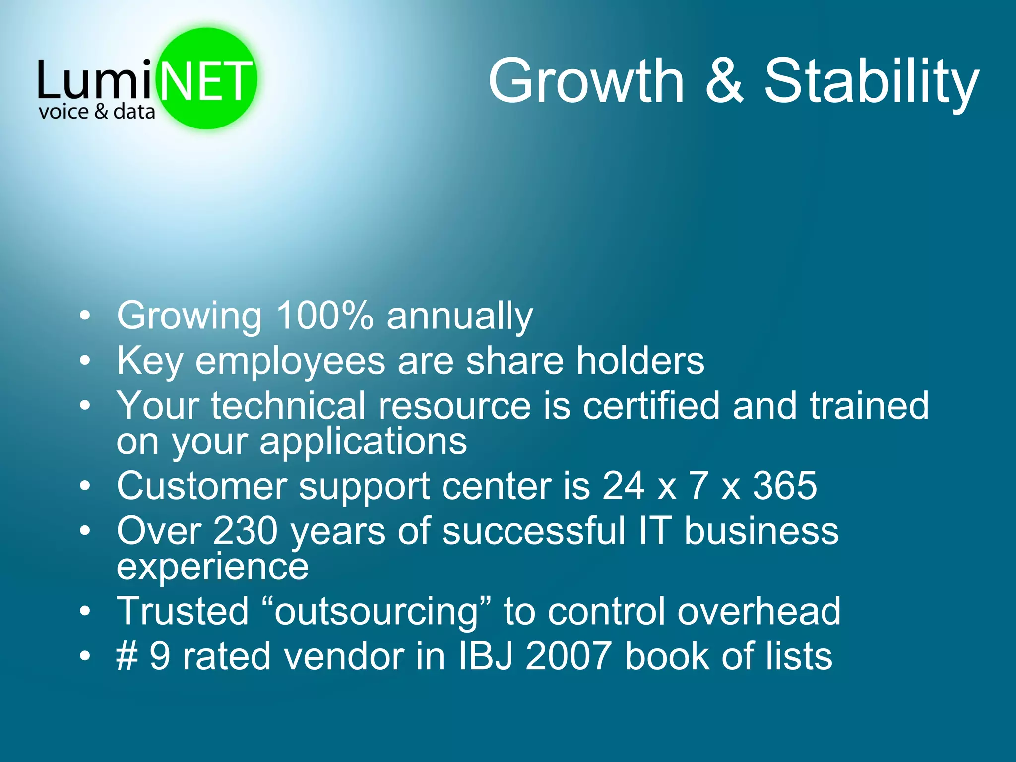 Growth & Stability Growing 100% annually Key employees are share holders Your technical resource is certified and trained on your applications Customer support center is 24 x 7 x 365 Over 230 years of successful IT business experience Trusted “outsourcing” to control overhead # 9 rated vendor in IBJ 2007 book of lists 