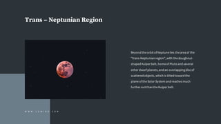 Trans – Neptunian Region
Beyond theorbit ofNeptunelies theareaof the
"trans-Neptunian region",with thedoughnut-
shaped Kuiper belt, homeofPluto and several
other dwarfplanets,and an overlappingdiscof
scattered objects, which is tilted toward the
planeoftheSolar System and reaches much
further out than theKuiper belt.
W W W . L U M I N O . C O M
 