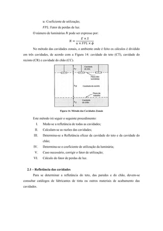 : Coeficiente de utilização;
: Fator de perdas de luz.
O número de luminárias pode ser expresso por:
No método das cavidades zonais, o ambiente onde é feito os cálculos é dividido
em três cavidades, de acordo com a Figura 14: cavidade do teto (CT), cavidade do
recinto (CR) e cavidade do chão (CC).
Figura 14. Método das Cavidades Zonais
Este método irá seguir o seguinte procedimento:
I. Mede-se a refletância de todas as cavidades;
II. Calculam-se as razões das cavidades;
III. Determina-se a Refletância eficaz da cavidade do teto e da cavidade do
chão;
IV. Determina-se o coeficiente de utilização da luminária;
V. Caso necessário, corrigir o fator de utilização;
VI. Cálculo do fator de perdas de luz.
2.1 – Refletância das cavidades
Para se determinar a refletância do teto, das paredes e do chão, devem-se
consultar catálogos de fabricantes de tinta ou outros materiais de acabamento das
cavidades.
 